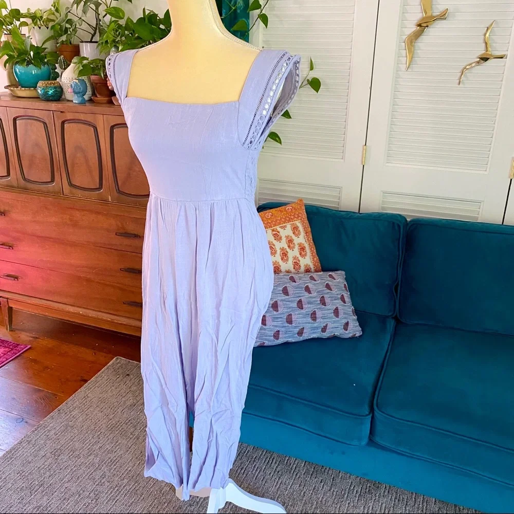 Entro | Layla Solid Smocked Cropped Jumpsuit Crochet Lilac Linen Purple Large - Picture 4 of 13